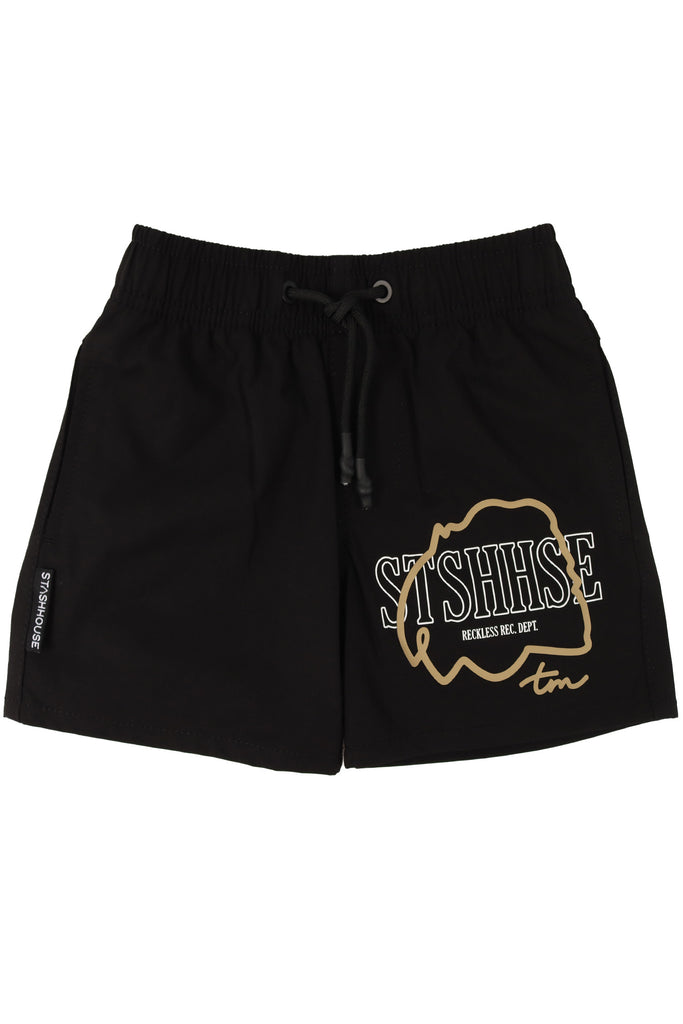 "RECKLESS" BLACK TODDLER BEACH SHORTS