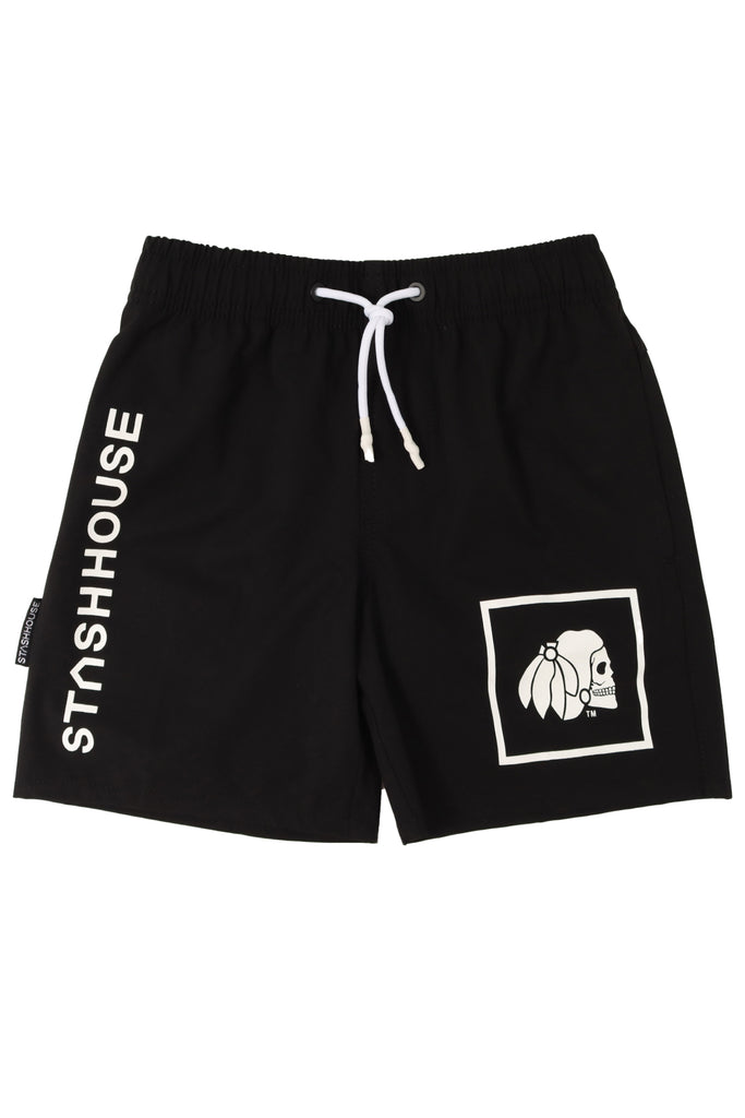 "BOXED" BLACK YOUTH BEACH SHORTS