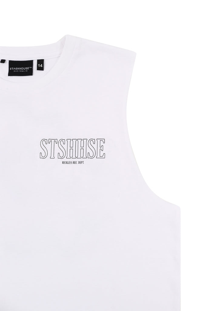 "RECKLESS" WHITE YOUTH MUSCLE TEE